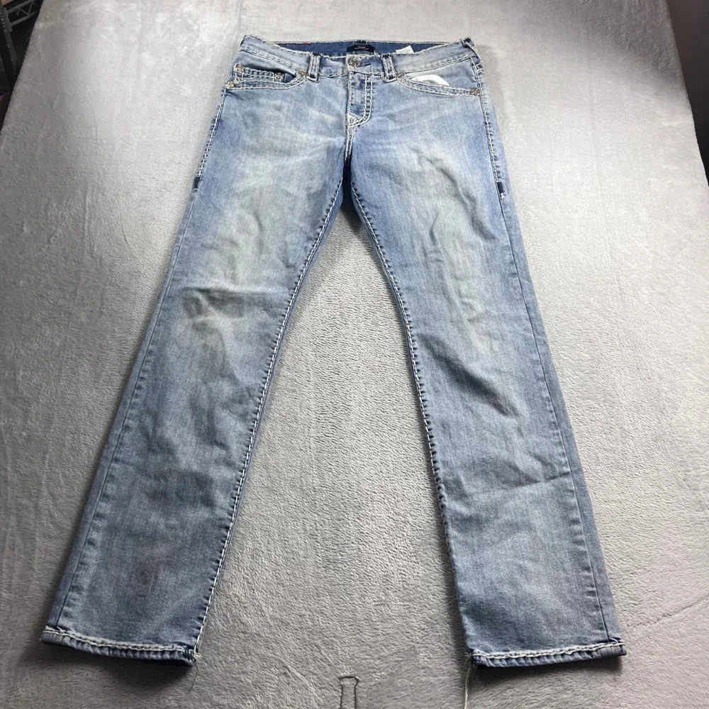 True Religion Ricky Relaxed Straight Jeans Light Wash Blue Contrast Stitch 34